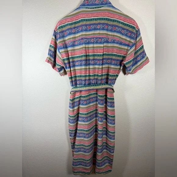 Vintage TALBOTS PETITES PURE silk STRIPED FLORAL BUTTONED Dress Size 8 w/ belt - Picture 5 of 7